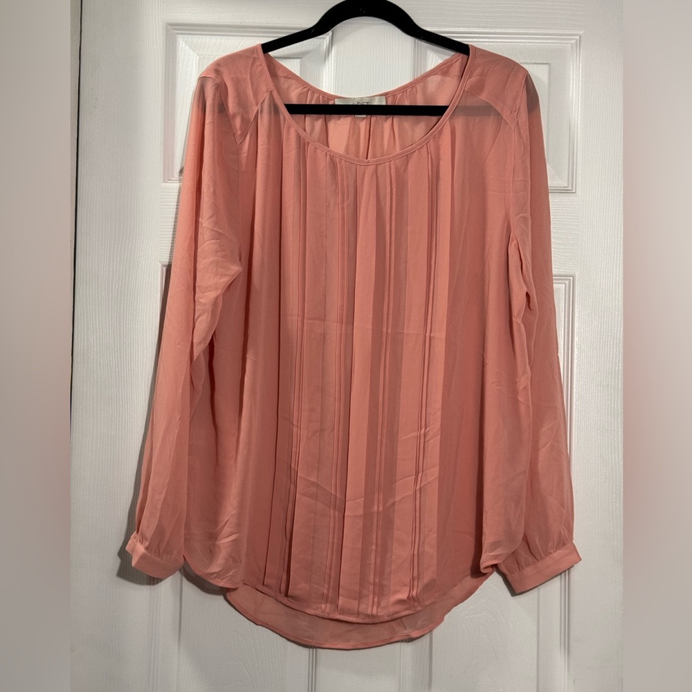 LOFT Pink Blouse XL Pleated Front Lightweight Sheer Long Sleeve Top